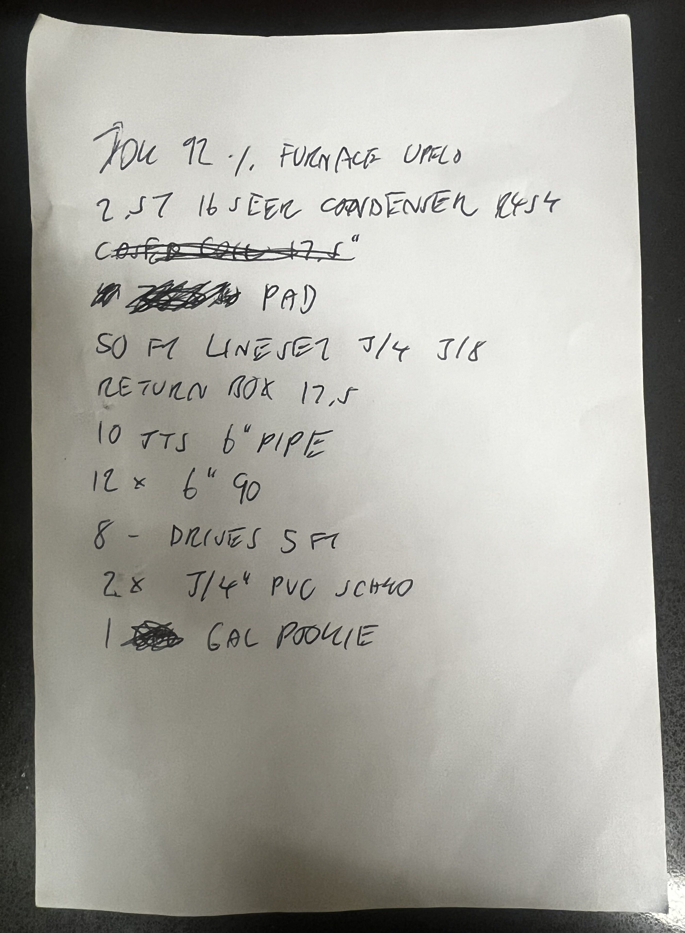 Handwritten order request before AI processing